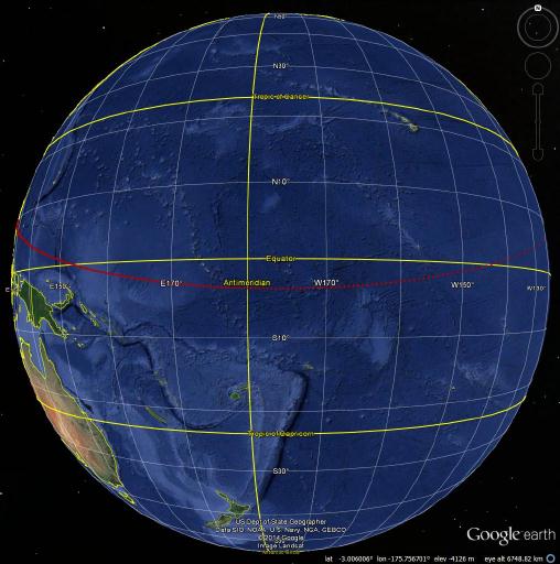 The corridor wraps more than halfway around the globe, as depicted by the red dots on these two Google Earth images.
